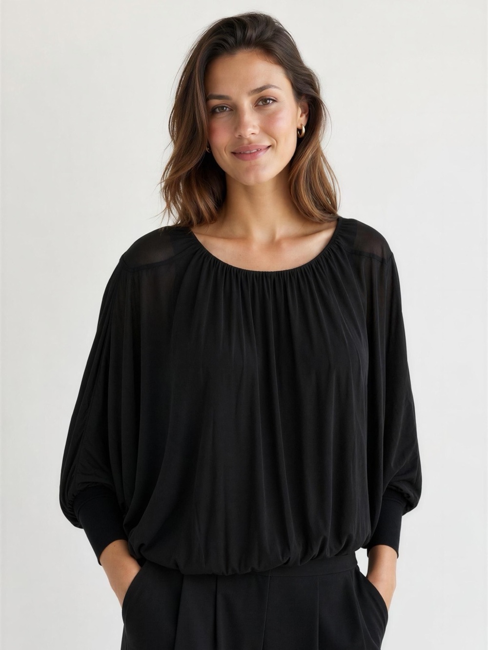 GIUSY women’s Black sheer blouse with a banded waist Size S